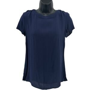 Banana Republic Blouse WMNS 2 Navy Blue Short Sleeve Back Zip Round Neck Casual